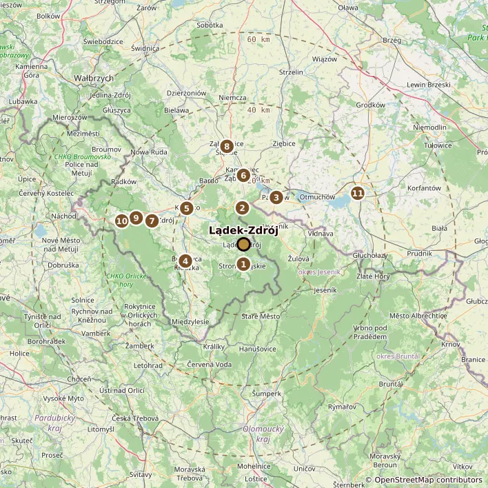 Mapa obszaru działania: Lądek-Zdrój w środku, pierścienie co 20 km do 60 km. Ponumerowane punkty to obsługiwane miejscowości, w kolejności odległości: 1 Stronie Śląskie, 2 Złoty Stok, 3 Paczków, 4 Bystrzyca Kłodzka, 5 Kłodzko, 6 Kamieniec Ząbkowicki, 7 Polanica-Zdrój, 8 Ząbkowice Śląskie, 9 Szczytna, 10 Duszniki-Zdrój, 11 Nysa.